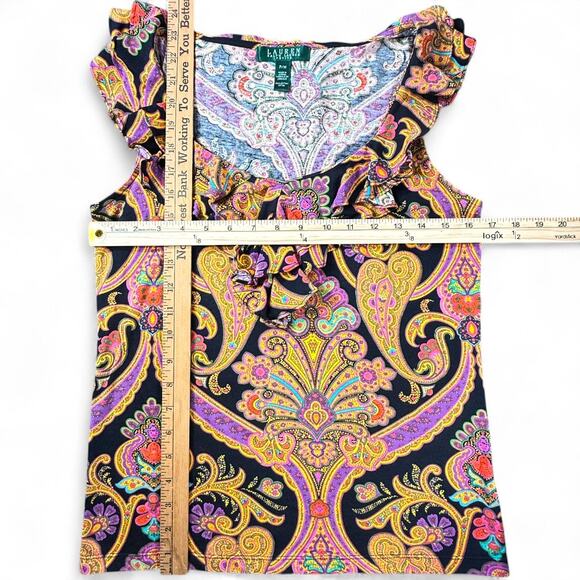 Lauren Ralph Lauren Sleeveless Top M PET Paisley Exaggerated Ruffle Y2K Dopamine - Picture 9 of 9